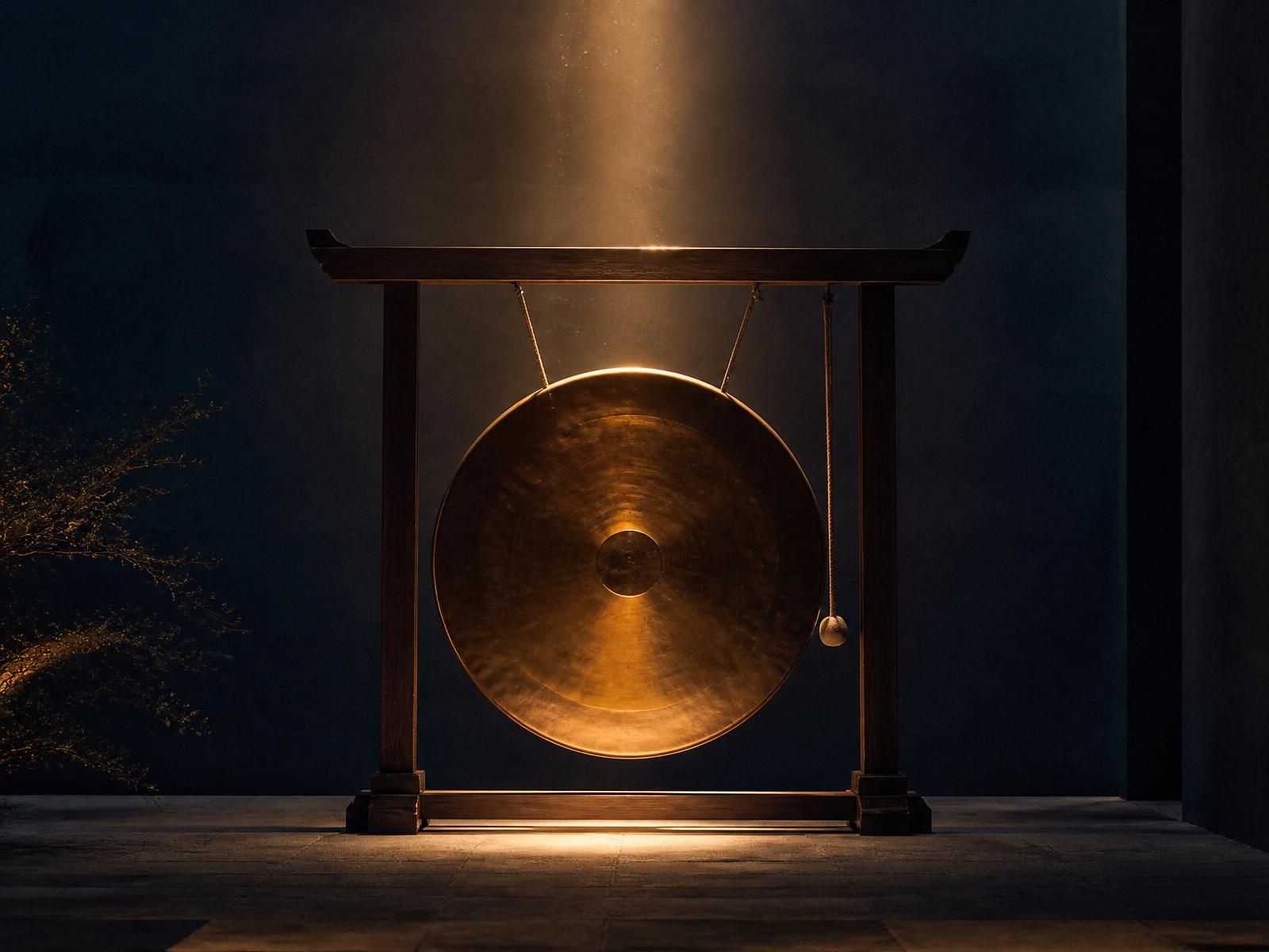 Un grand gong en bronze illuminé d'une lumière dorée dans l'obscurité